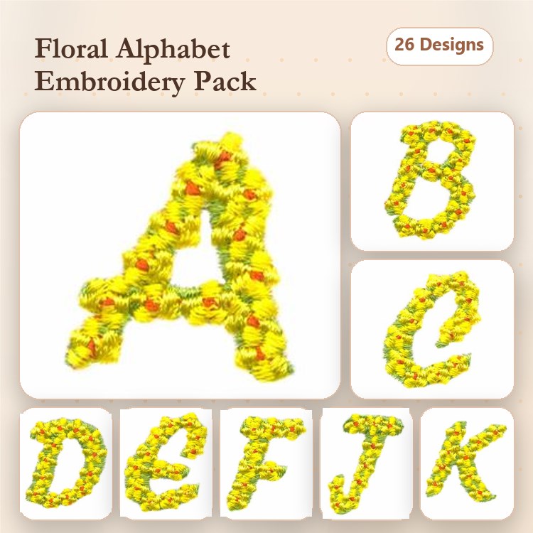 Floral Alphabet Embroidery Designs Bundle – A, B, C, D, F, J, K & More (26 Designs)