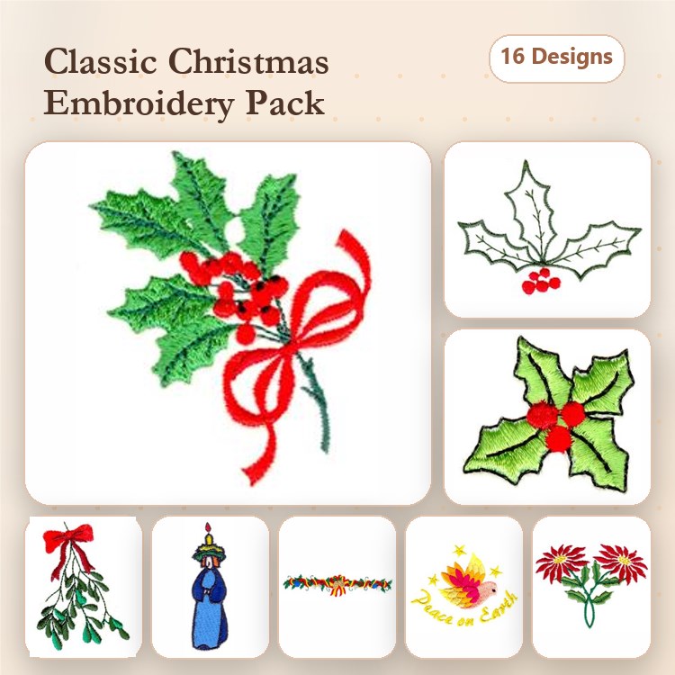 Classic Christmas Embroidery Designs Bundle – Holly with Berries, Christmas Angel, & More (16 Designs)