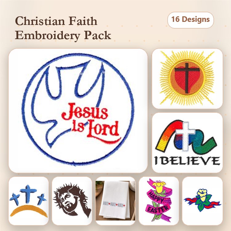 Christian Faith Embroidery Designs Bundle – Dove with Jesus is Lord, Cross with Circle, Jesus Portrait & More (16 Designs)