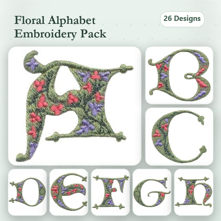 Floral Alphabet Letters Embroidery Bundle – Floral Letter A, Floral Letter B, Floral Letter C & More (26 Designs)