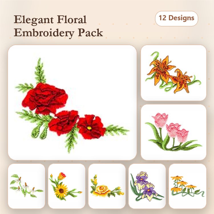 Elegant Floral Embroidery Bundle – Red Poppies, Orange Lilies, Pink Tulips & More (12 Designs)
