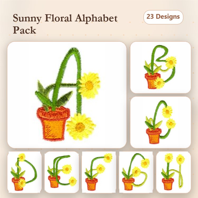 Floral Alphabet Embroidery Designs Bundle – Flower Pot A, Flower Pot B, Flower Pot C & More (23 Designs)