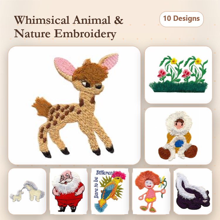Whimsical Animals & Nature Embroidery Designs Bundle – Bambi Deer, Flower Bouquet, Santa Claus & More (10 Designs)
