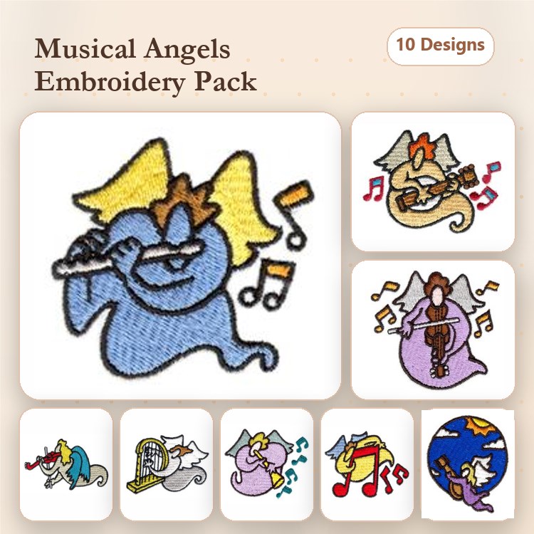 Musical Angels Embroidery Designs Bundle – Angel with Flute, Drum, Saxophone, & More (10 Designs)