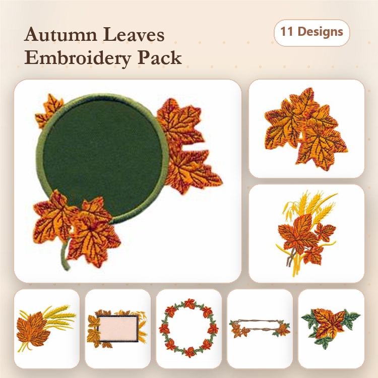 Autumn Leaves Embroidery Designs Bundle – Maple Leaf, Oak Leaf, Decorative Leaf Wreath & More (11 Designs)