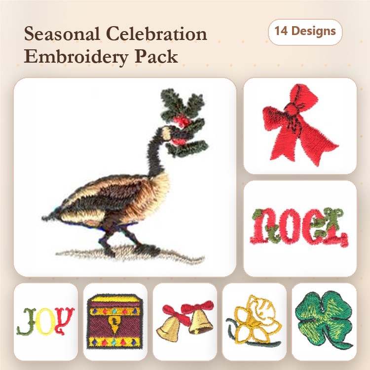 Seasonal Celebration Embroidery Bundle – Goose with Holly, Joy Text, Gift Box & More (14 Designs)