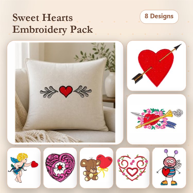 Hearts & Love Embroidery Designs Bundle – Cupid, Teddy Bear, Heart with Flowers & More (8 Designs)