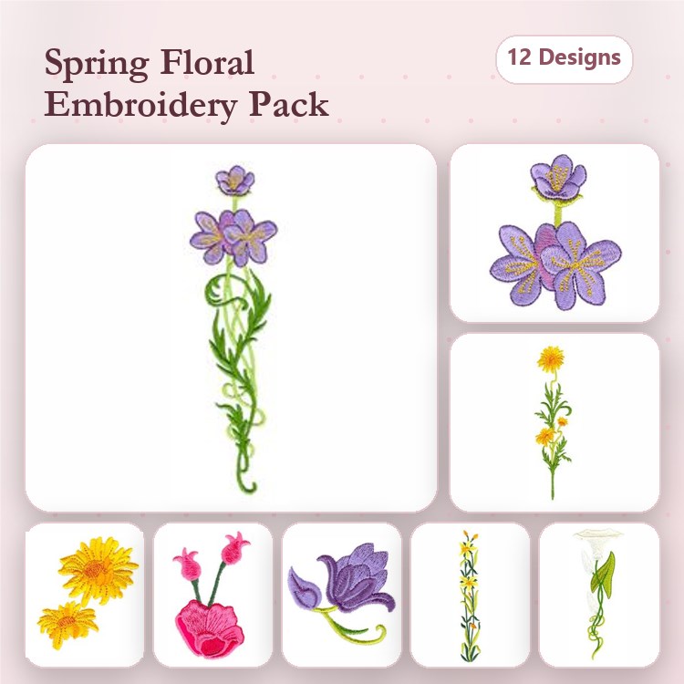 Floral Embroidery Designs Bundle – Purple Flowers, Pink Flower, Yellow Dandelion & More (12 Designs)