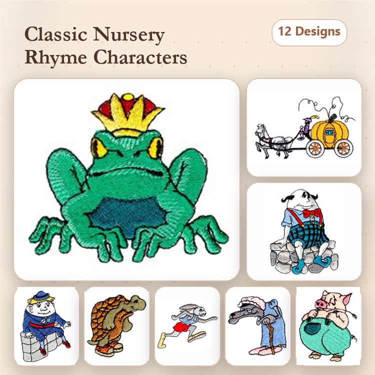 Nursery Rhyme Characters Embroidery Designs Bundle – Frog Prince, Humpty Dumpty, Little Bo Peep & More (12 Designs)