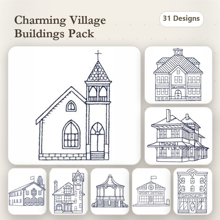 Redwork Charming Village Embroidery Designs Bundle – Church Building, Victorian House, Town Hall & More (31 Designs)
