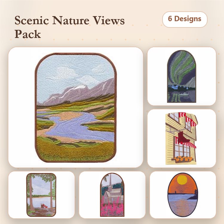 Scenic Nature Views Embroidery Designs Bundle – Mountain River Landscape, Northern Lights, Cozy Cottage & More (6 Designs)