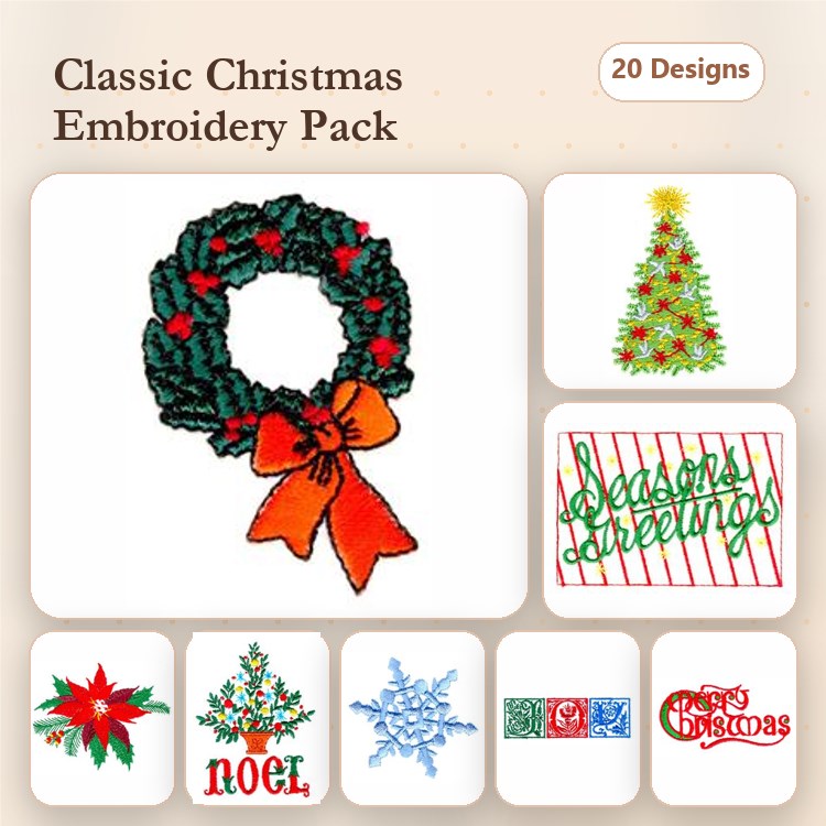 Christmas Embroidery Designs Bundle – Christmas Wreath with Bow, Christmas Tree, Season's Greetings & More (20 Designs)