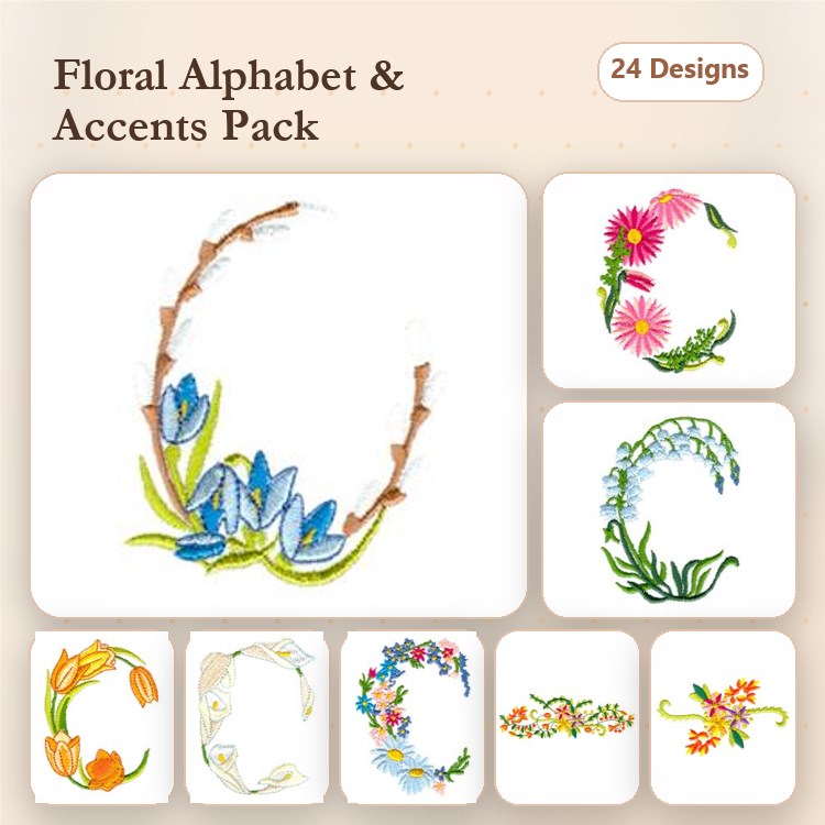 Floral Alphabet and Accents Embroidery Designs Bundle – Floral Letter A, Floral Letter B, Floral Letter C & More (24 Designs)