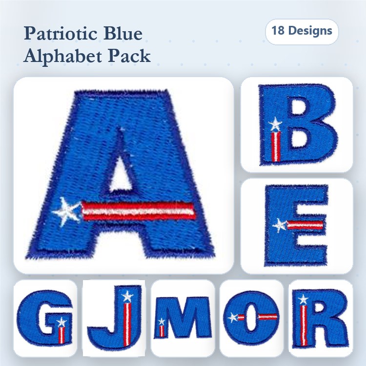 Patriotic Blue Alphabet Embroidery Bundle – Letter A, Letter B, Letter E & More (18 Designs)