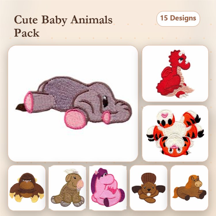 Elephant, Dragon & Tiger Embroidery Bundle – Cute Animal Designs (15 Designs)