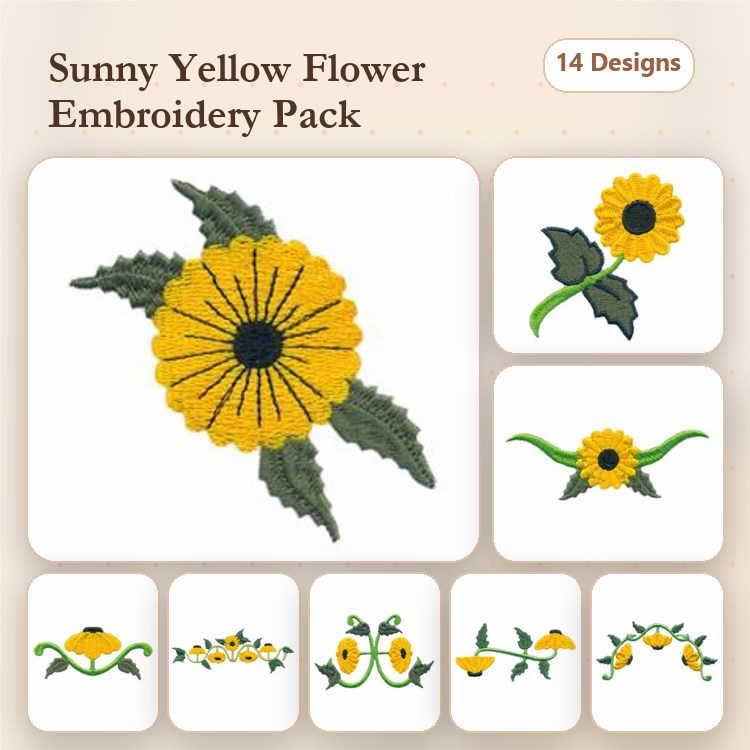 Sunny Yellow Flowers Embroidery Designs Bundle – Sunflower with Leaves, Floral Stem with Buds, Small Sunflower Cluster & More (14 Designs)