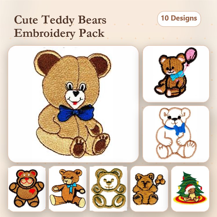Teddy Bear Embroidery Designs Bundle – Cute Teddy Bear with Bow, Teddy Bear with Balloon, Happy Teddy Bear & More (10 Designs)