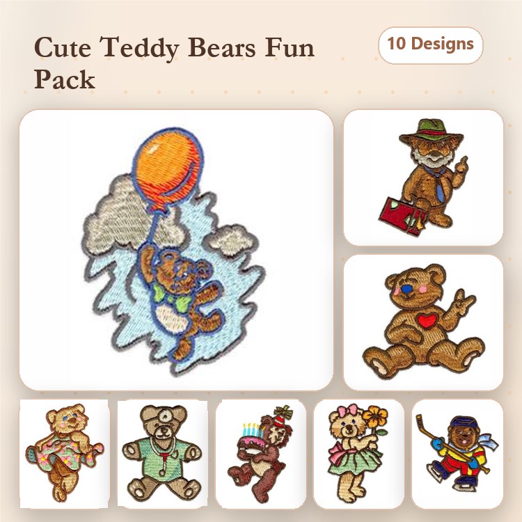 Cute Teddy Bears Embroidery Bundle – Teddy Bear with Balloon, Teddy Bear in Hat with Briefcase & More (10 Designs)