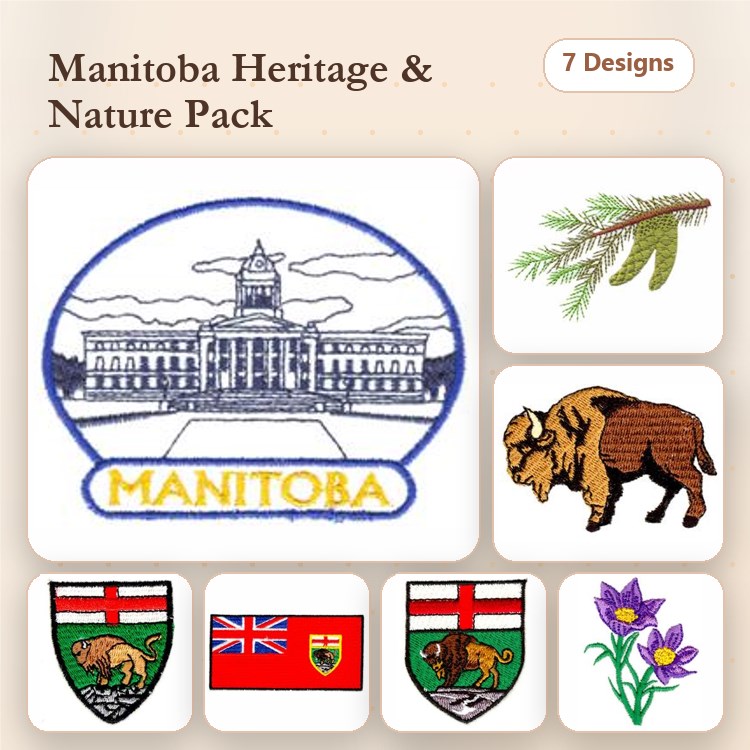 Manitoba Heritage Embroidery Designs Bundle – Legislative Building, Bison, Pine Branch & More (7 Designs)
