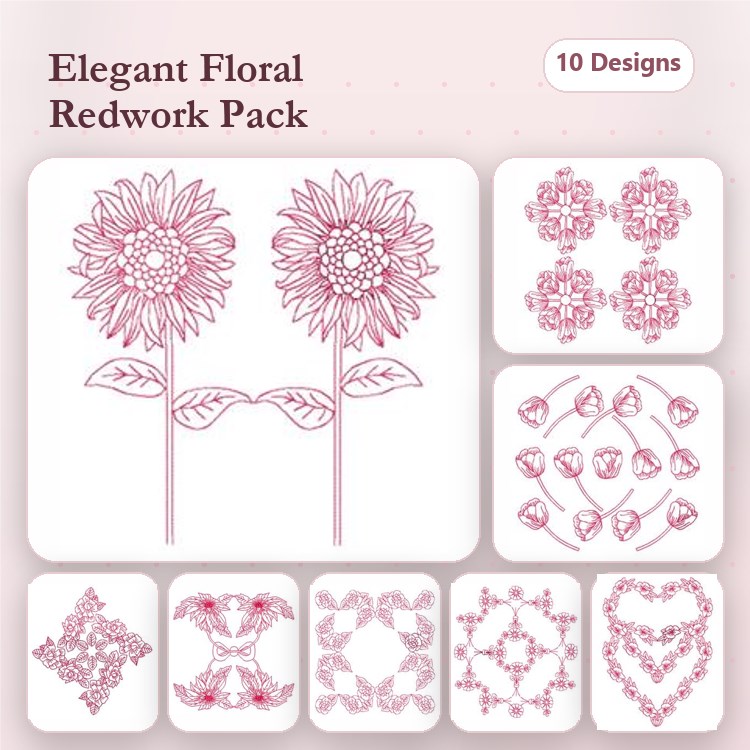 Redwork Floral Embroidery Bundle – Sunflower Pair, Heart Floral Motif, Lace Floral & More (10 Designs)