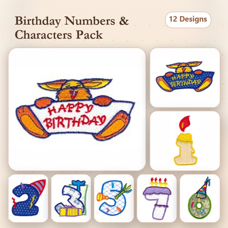 Birthday Celebration Embroidery Designs Bundle – Happy Birthday with Bunny, Birthday Cake with Flame & More (12 Designs)