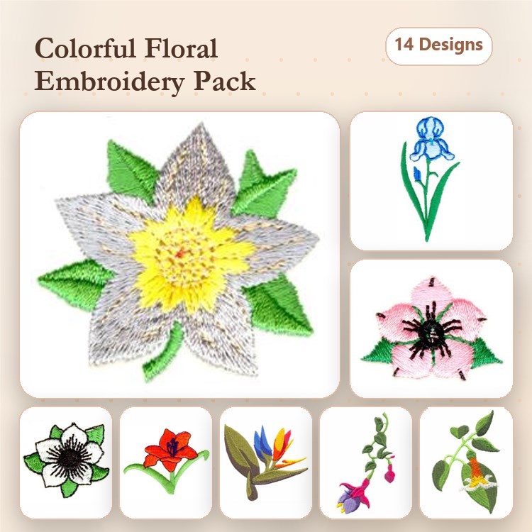 Colorful Floral Embroidery Bundle – Lotus Flower, Blue Iris, Bird of Paradise & More (14 Designs)