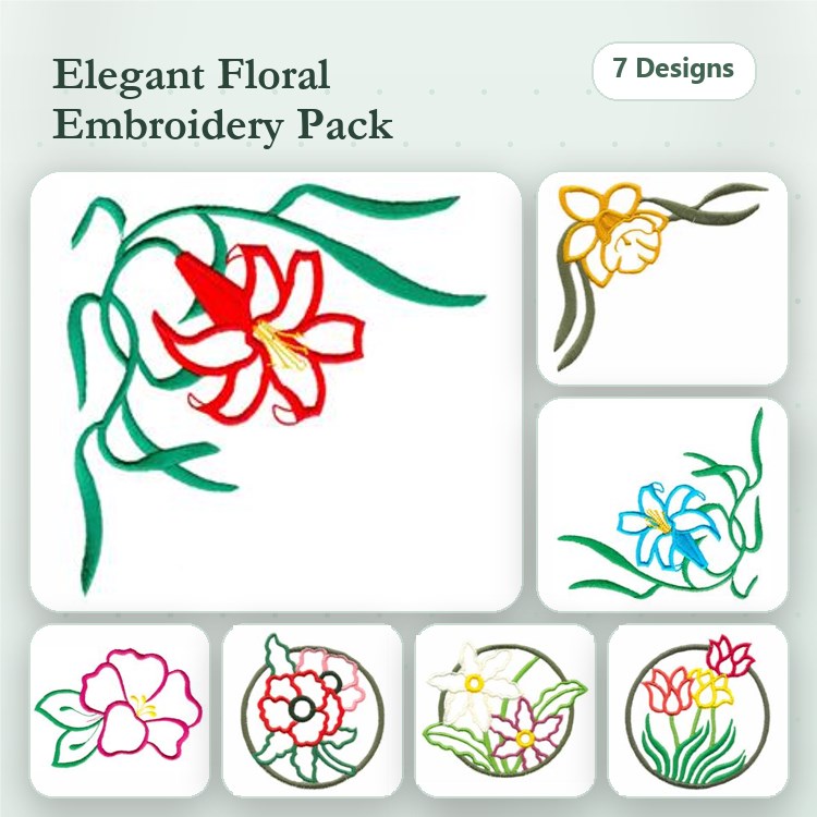Redwork Elegant Floral Embroidery Bundle – Red Flower, Yellow Flower, Blue Flower & More (7 Designs)