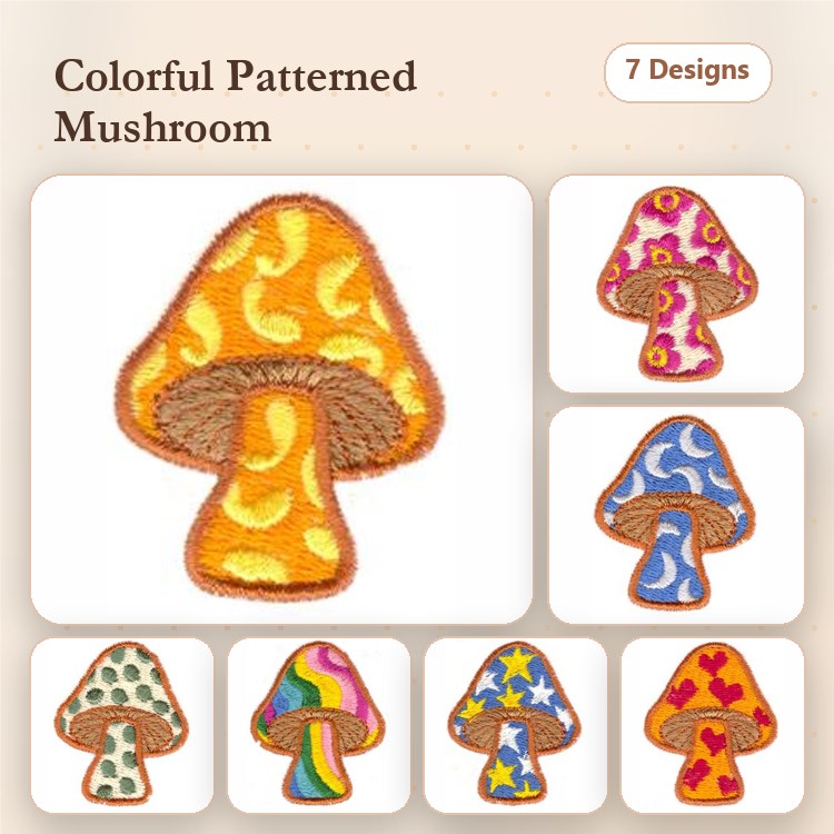 Colorful Patterned Mushrooms Embroidery Designs Bundle – Yellow, Pink, Blue & More (7 Designs)