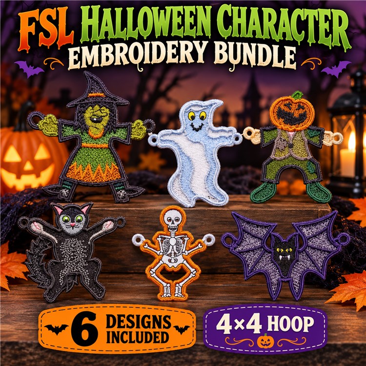 FSL Halloween Character Embroidery Bundle – Witch, Ghost, Pumpkin, Cat & More (6 Designs)