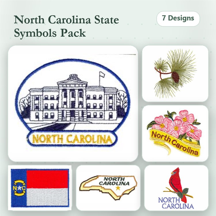 North Carolina State Symbols Embroidery Bundle – State Capitol, Dogwood Flower, Cardinal Bird & More (7 Designs)