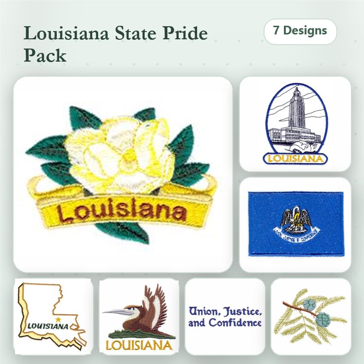 Louisiana State Pride Embroidery Designs Bundle – Magnolia Flower, Pelican, State Outline & More (7 Designs)