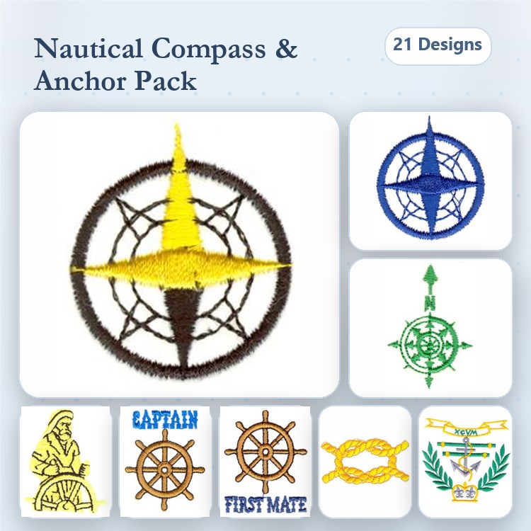 Nautical Embroidery Designs Bundle – Compasses, Anchors, Ship Wheels & More (21 Designs)