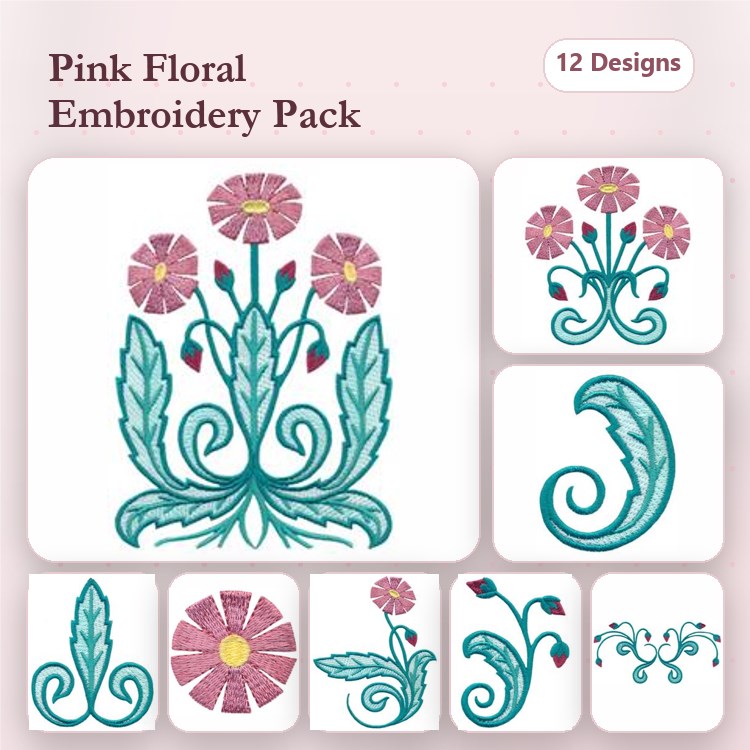 Pink Floral Embroidery Bundle – Floral Spray, Single Pink Flower, Curly Stem & More (12 Designs)