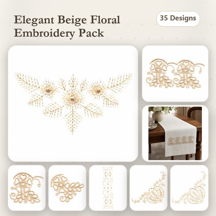 Elegant Floral Embellishments Embroidery Bundle – Floral Motif, Leafy Vine, Ornamental Scroll & More (35 Designs)