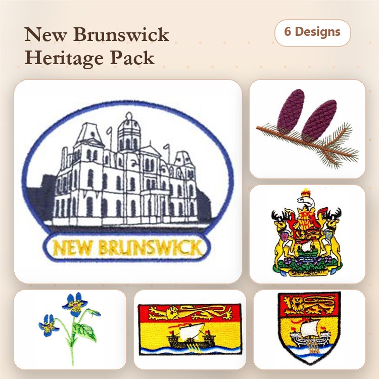 New Brunswick Heritage Symbols Embroidery Bundle – Legislative Building, Floral Emblem, Coat of Arms & More (6 Designs)