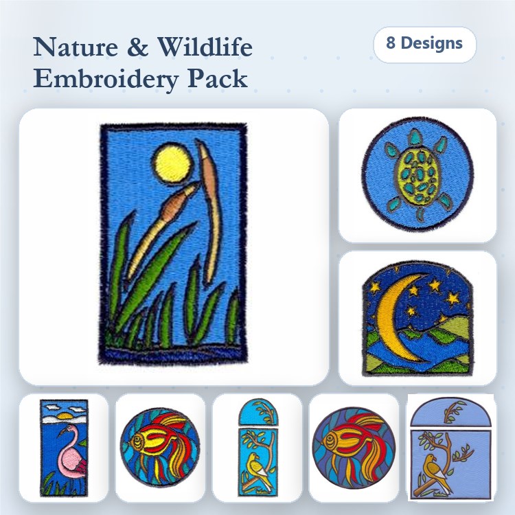 Nature and Wildlife Embroidery Bundle – Moonlit Reeds, Sea Turtle, Flamingo & More (8 Designs)