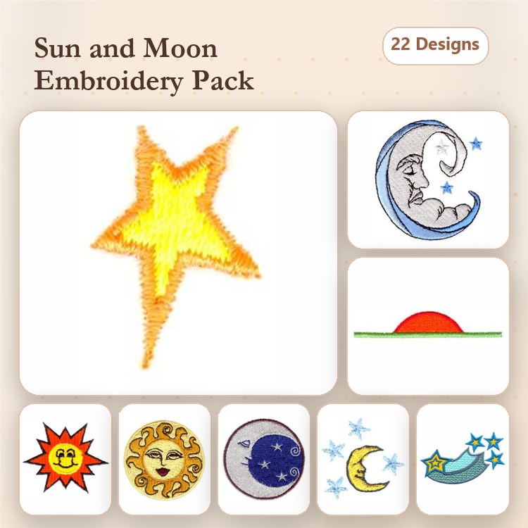 Celestial Wonders Embroidery Designs Bundle – Sun with Face, Blue Moon, Shooting Star & More (22 Designs)