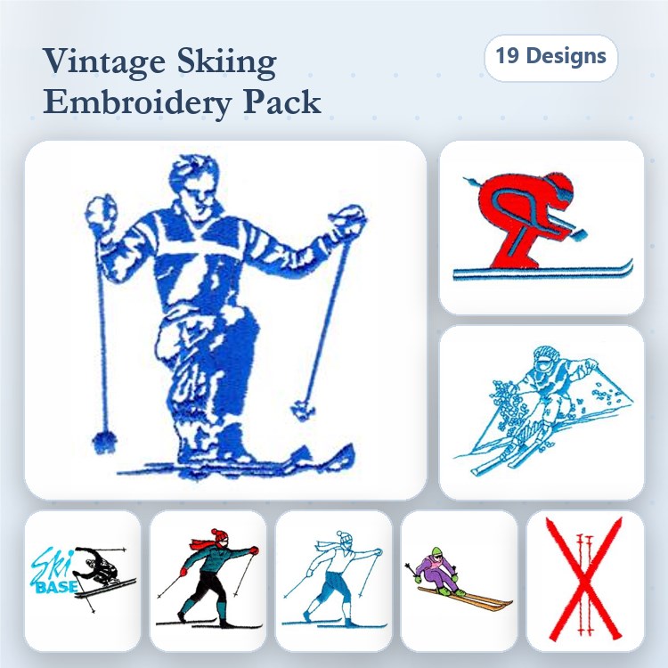 Vintage Skiing Scenes Embroidery Designs Bundle – Skier with Poles, Racing Skier, Snowboarder & More (19 Designs)