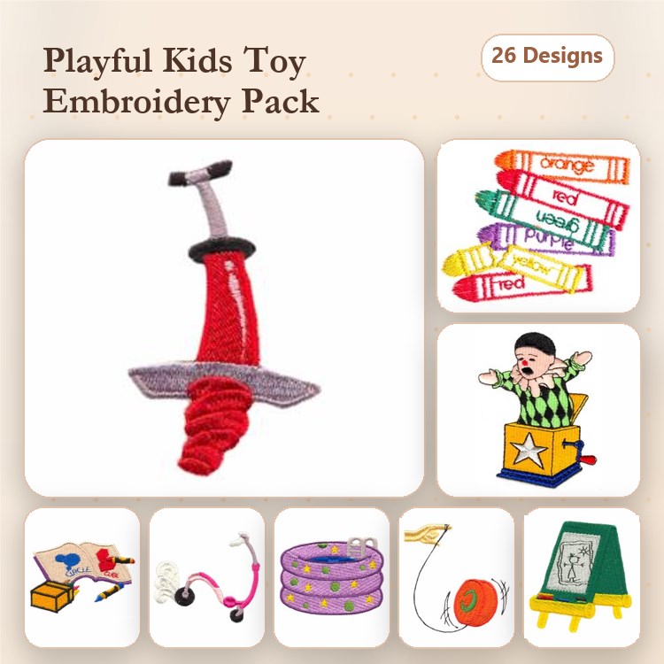 Kids Toys Embroidery Designs Bundle – Toy Sword, Colorful Crayons, Clown in a Box & More (26 Designs)