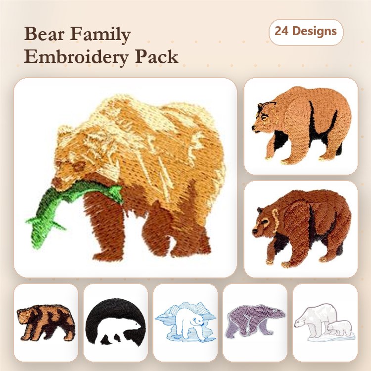 Bear Family Embroidery Designs Bundle – Brown Bear with Fish, Grizzly Bear, Polar Bear & More (24 Designs)
