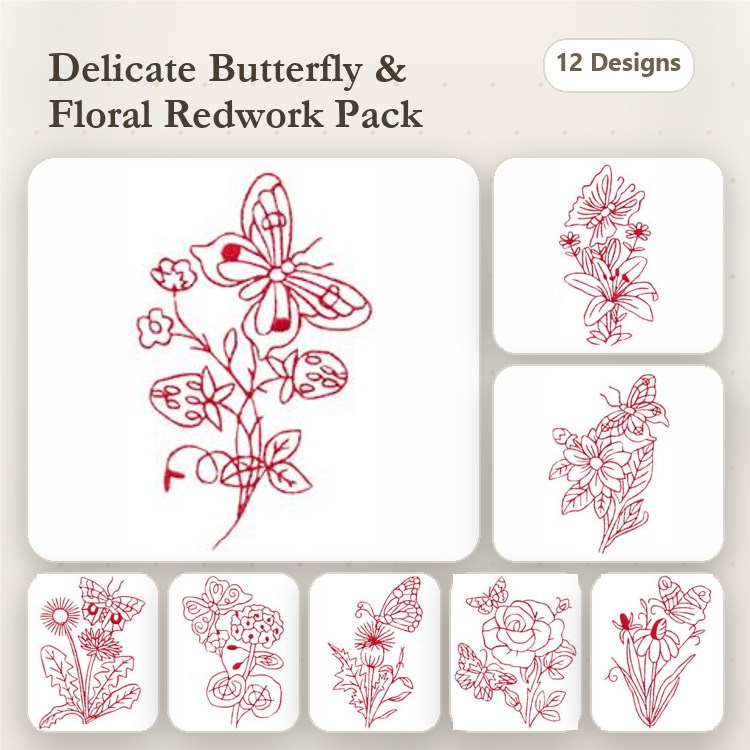 Redwork Butterfly & Floral Embroidery Designs Bundle – Delicate Butterfly with Flowers, Floral Bouquet, & More (12 Designs)