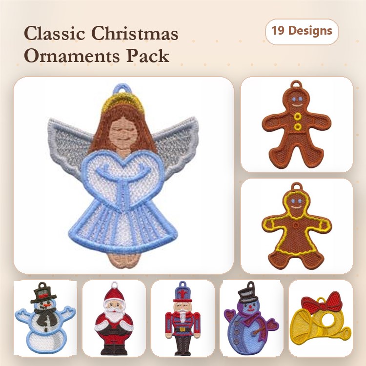 ITH Christmas Ornament Embroidery Designs Bundle – Angel, Gingerbread Man, Snowman & More (19 Designs)