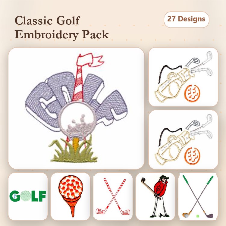 Golf-Themed Embroidery Designs Bundle – Golf Ball, Clubs, Golfer & More (27 Designs)