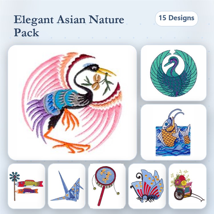 Asian Nature Embroidery Bundle – Crane with Flowers, Peacock Feather, Koi Fish & More (15 Designs)