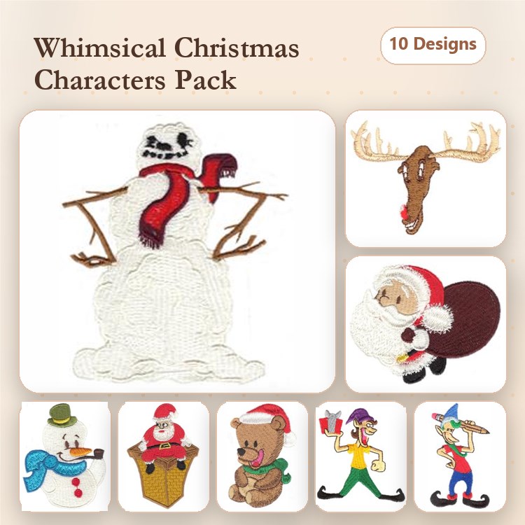 Christmas Characters Embroidery Designs Bundle – Snowman, Reindeer, Santa Claus & More (10 Designs)