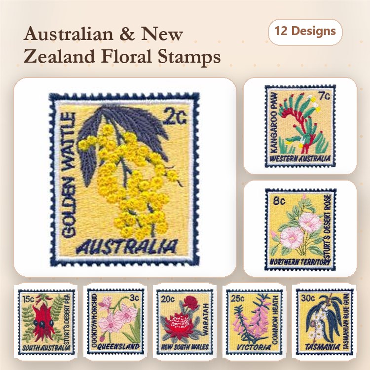 Australian & New Zealand Floral Embroidery Designs Bundle – Golden Wattle, Tasmania Stamp, New Zealand Stamp 1 & More (12 Designs)