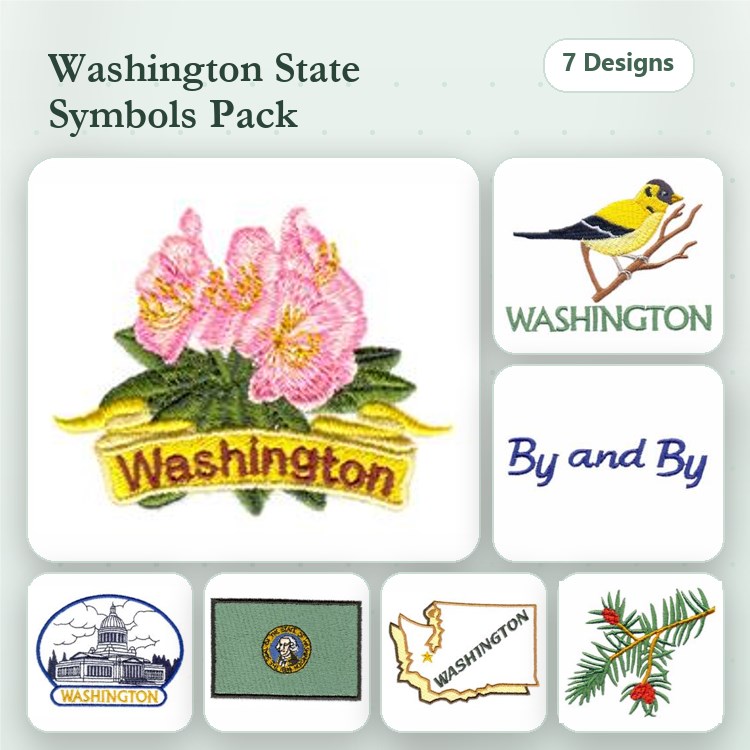 Washington State Symbols Embroidery Designs Bundle – Orchid Flower, Western Meadowlark, State Outline & More (7 Designs)
