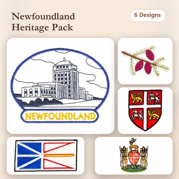 Newfoundland Heritage Embroidery Designs Bundle – Emblem, Pine Cone Branch, Heraldic Shield & More (6 Designs)