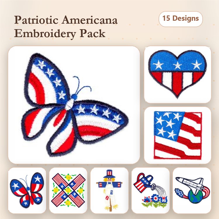 Patriotic Americana Embroidery Designs Bundle – Butterfly, Heart, American Flag & More (15 Designs)