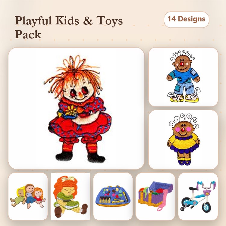 Playful Kids & Toys Embroidery Designs Bundle – Doll with Red Dress, Boy with Blue Shoes, Teddy Bear & More (14 Designs)
